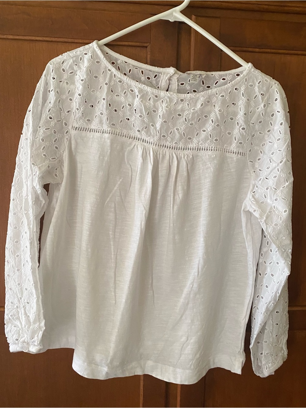 White Blouse with Eyelet Yoke and Long Sleeves